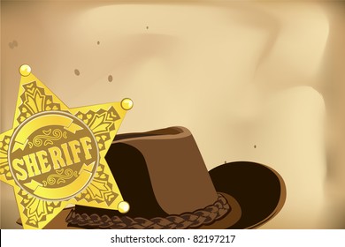 gold vector sheriff star and hat on brown background