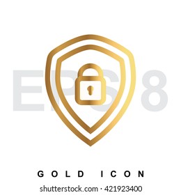 Gold Vector shield with lock premium icon graphic web design element or logo template. Vector royal luxury symbol for business, internet. Guard, security, safety, protection sign