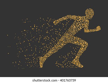 Gold vector silhouettes of runner. Stylish logo for running on black background.