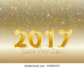 Gold vector snowfall on gold background with 2017 Happy New Year sign.