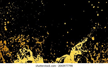 Gold vector splash on the black background. Energy. Juice. Orange color. Hand drawn illustration with gold texture. Template for for cover, poster, banner, flyer.