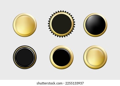 Gold vector stamp label icon. Badge sign design set, seal sticker vintage round tag. 