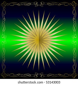 A gold vector star illustration on a green  backdrop with text box