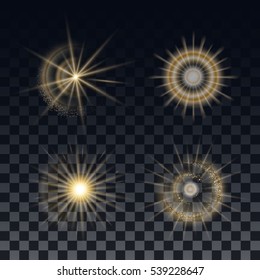 Gold vector stars and bright rays on a transparent background. Isolated objects. Template for design of design projects.