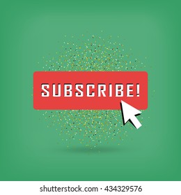Gold vector subscribe button with cursor in golden flat design. Ideal for video streaming website banners, blogs, content updates and news feed