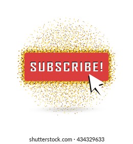 Gold vector subscribe button with cursor in golden flat design. Ideal for video streaming website banners, blogs, content updates and news feed
