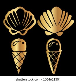 Gold Vector of Summer Sea Shell Marine Ocean Aquatic and Ice Cream Sweet Dessert Food. Flat Line Icon Logo, Sign, Symbol, Object. Graphic Design Element, Illustration, Poster, Print.