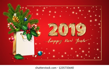 Gold Vector text Happy New Year and 3d golden digits 2019. 3d Shopping bag, spruce, fir branches, xmas toys, colorful balls, holly berries, leaves, sweets, empty red space for Christmas festive text