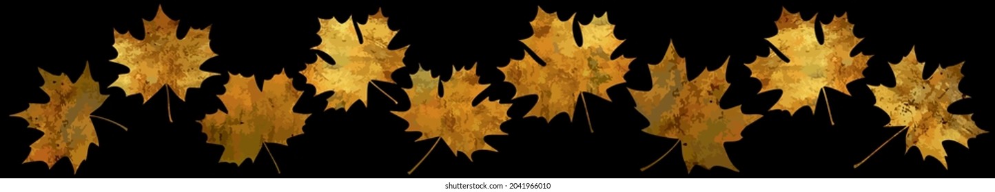 Gold vector texture autumn maple leafe. Set of vector template for design. Gold autumn. Black background. Sticker, flyer. Gold paint. Luxury backdrop. Empty blank for text.