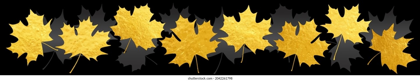 Goldvektor Textur Herbstapelblättern. Set von Vektorvorlagen für das Design. Goldener Herbst. Schwarzer Hintergrund. Aufkleber, Flyer. Goldfarbe. Luxuriöser Hintergrund. Leer für Text.