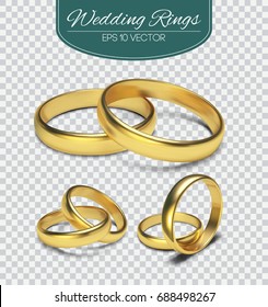 Gold vector wedding rings isolated on trasparent background. Vector illustration. Marriage invitation elements.