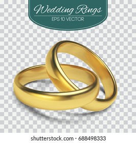 Gold vector wedding rings isolated on trasparent background. Vector illustration. Marriage invitation elements.