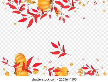 Gold Vegetable Background Transparent Vector. Green Vibrant Border. Red Rowan Thanksgiving Banner. Gourd Graphic. Foliage Frame.