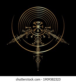 Gold Vegvisir magic navigation compass ancient. The Vikings used many symbols in accordance to Norse mythology,  widely used in Viking society. Round Logo icon Wiccan esoteric sign isolated on black 