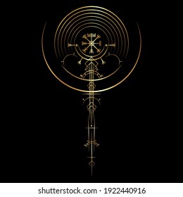 Gold Vegvisir magic navigation compass ancient. The Vikings used many symbols in accordance to Norse mythology,  widely used in Viking society. Round Logo icon Wiccan esoteric sign isolated on black