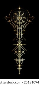 Gold Vegvisir navigation compass ancient. Old Magic sign viking art deco. The Vikings used many symbols in accordance to Norse mythology, widely used in Viking society. Esoteric Wiccan Logo icon