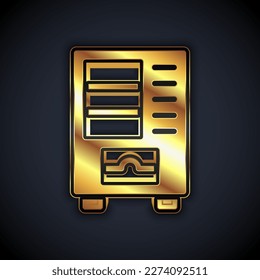 Gold Vending machine of food and beverage automatic selling icon isolated on black background.  Vector
