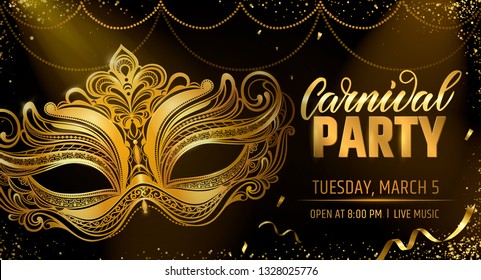 Gold venetian mask. Carnival Party invitation card template. Spring holidays. Vector illustration EPS10.