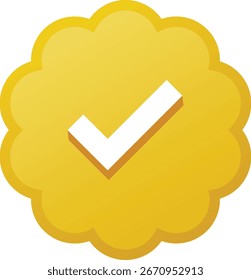 Insignia de oro verificada con marca de verificación, Ilustración vectorial plana del emblema de Aprobación y verificación, icono de forma redonda festoneada para la certificación, verificación de redes sociales, Cuenta premium y confianza sy