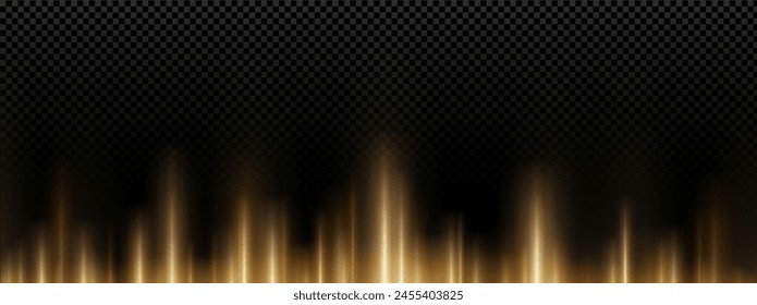 Gold vertical line light with flare effect background. Magic golden beam and sparkle neon shine pattern. Bottom neon laser ray border bg design. Nightclub upward string glow luxury illustration