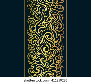 Gold vertical seamless border. Exquisite openwork ornament with leaves, swirls and berries on dark blue background. Template for design. Classic ornament for invitation, greeting. Vector illustration