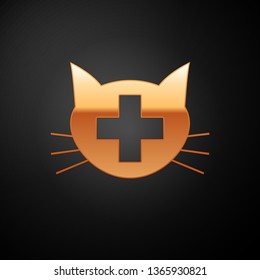 Gold Veterinary clinic symbol icon isolated on black background. Cross with cat veterinary care. Pet First Aid sign. Vector Illustration