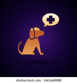 Gold Veterinary clinic symbol icon isolated on dark blue background. Cross with dog veterinary care. Pet First Aid sign.  Vector Illustration