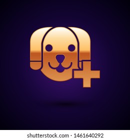Gold Veterinary clinic symbol icon isolated on dark blue background. Cross with dog veterinary care. Pet First Aid sign.  Vector Illustration