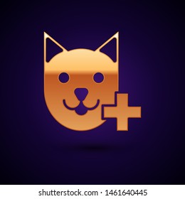 Gold Veterinary clinic symbol icon isolated on dark blue background. Cross with cat veterinary care. Pet First Aid sign.  Vector Illustration