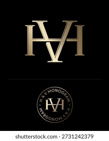Monograma VH dorado. Iniciales cruzadas y entrelazadas de las letras H y V.