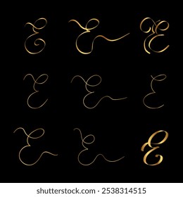 Gold Victorian E Letter Initial Cursive Hand Written Calligraphic Alphabet Set for Logo Brand