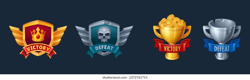 Gold victory and metal defeat ui game screen icon. Win and lose shield emblem with skull and goblet for pirate mobile rpg. 3d rivalry assets. Champion success or fail strip design with wings and crown