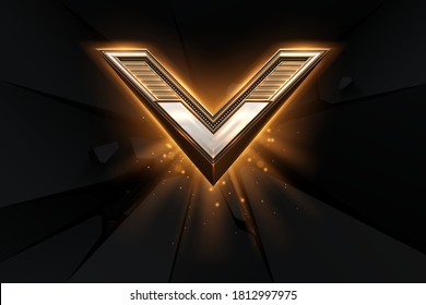 Gold victory symbol on black background with glow effect