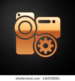 Gold Video camera and gear icon isolated on black background. Adjusting app, service concept, setting options, maintenance, repair, fixing. Vector Illustration