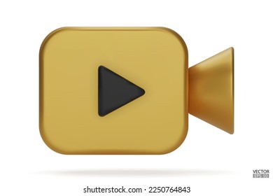 Gold Video camera icon isolate on white background. 3d Realistic movie icon, play button for the interface of applications and web pages. Video, streaming, multimedia concept. 3D vector illustration.