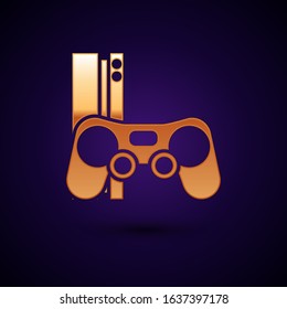 Gold Video game console with joystick icon isolated on dark blue background.  Vector Illustration