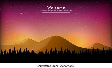 Gold view from forest to mountain.  Bright lights, comets and stars in the sky. Vector illustration.  Vector silhouette valley and forest. Color lights at night landscape. 