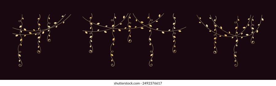 Gold vines frames and borders, golden hanging vine curtain design, botanical elements vector illustration set