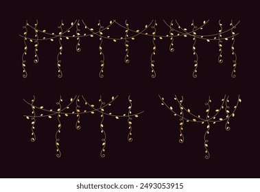 Gold vines frames and borders, golden hanging vine curtain design, botanical elements vector illustration set