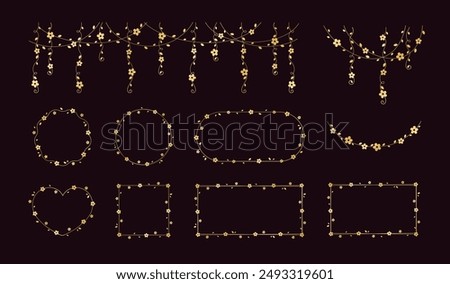 Gold vines frames and borders, golden hanging vine curtain design, botanical elements vector illustration set