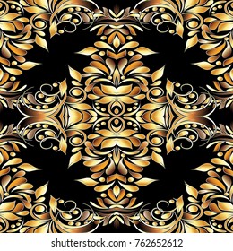 Gold vintage 3d floral seamless pattern. Black vector background with hand drawn golden paisley flowers, swirls, leaves, curve lines and modern paisleys ornaments. Luxury design for wallpapers, fabric