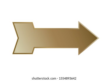 Gold vintage arrow isolated on white background. Golden retro navigation sign vector illustration. Right direction hand for print or web materials. Gradient pointer image.