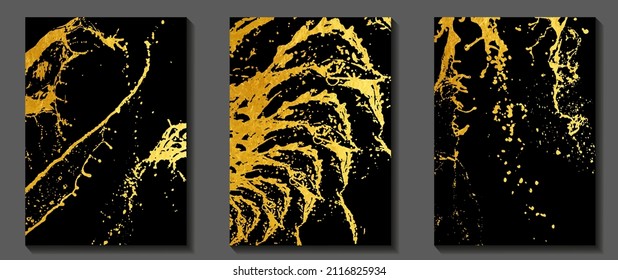 Juego de vectores de arte vintage dorado. Grunge diseño de portada de lujo. Textura vectorial de oro sobre fondo negro. Ilustración abstracta dibujada a mano con salpicaduras para cubierta, papel tapiz, impresión. El agua se salpicó.