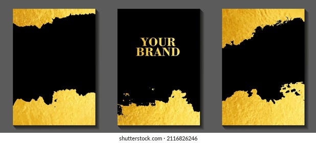 Gold vintage art vector set. Grunge luxury cover design. Gold vector texture on black background. Hand drawn frame with paint brush strokes for cover, wallpaper, print.