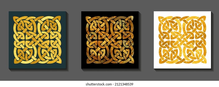 Gold vintage art vector set with celtic knot pattern. Grunge luxury cover design. Gold vector texture background. Illustration for cover, flyer, brochure.	