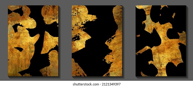 Gold vintage art vector set. Grunge luxury cover design. Gold vector texture on black background. Hand drawn frame with paint brush strokes for cover, wallpaper, print.	