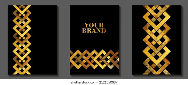 Gold vintage art vector set with celtic knot pattern. Grunge luxury cover design. Gold vector texture on black background. Hand drawn illustration for cover, flyer, brochure.	