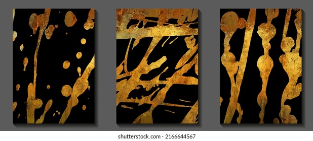 Juego de vectores de arte vintage dorado. Grunge diseño de portada de lujo. Textura vectorial de oro sobre fondo negro. Ilustración abstracta dibujada a mano con trazos de pincel de pintura y salpicaduras para cubierta, papel de pared, impresión.