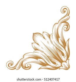 Gold vintage baroque corner ornament retro pattern antique style acanthus. Decorative design element filigree calligraphy vector. You can use for wedding decoration of greeting card and laser cutting.