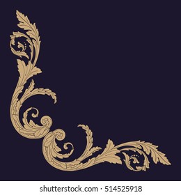 Gold vintage baroque corner ornament retro pattern antique style acanthus. Decorative design element filigree calligraphy vector. You can use for wedding decoration of greeting card and laser cutting.